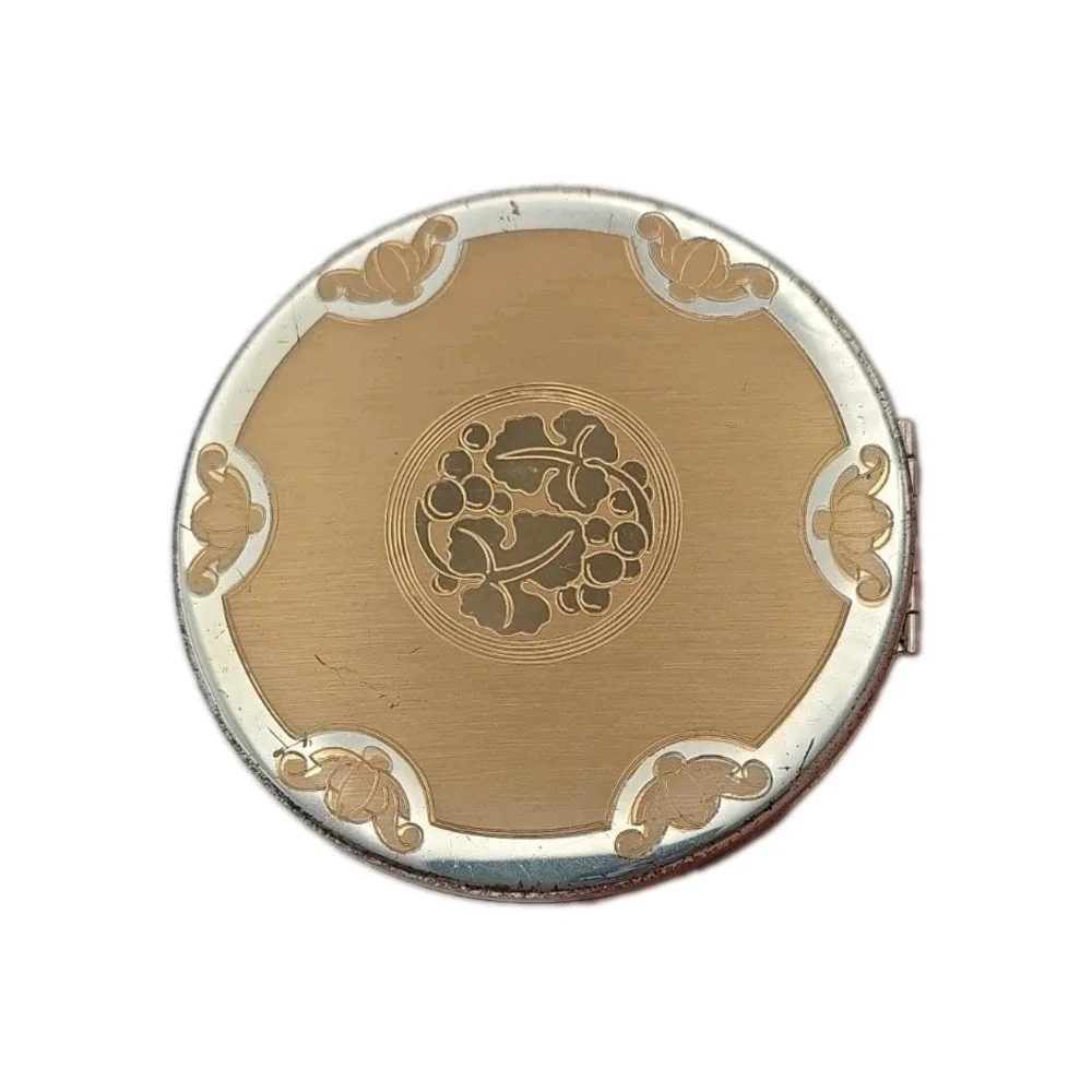 Vintage Elgin American Beauty Powder Compact Etched Two Tone Floral 1950s Mirror